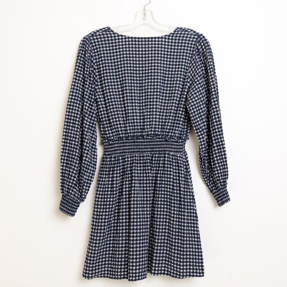 Zara Gingham Check Mini Dress Navy White Smocked Waist 100% Cotton - Picture 3 of 12